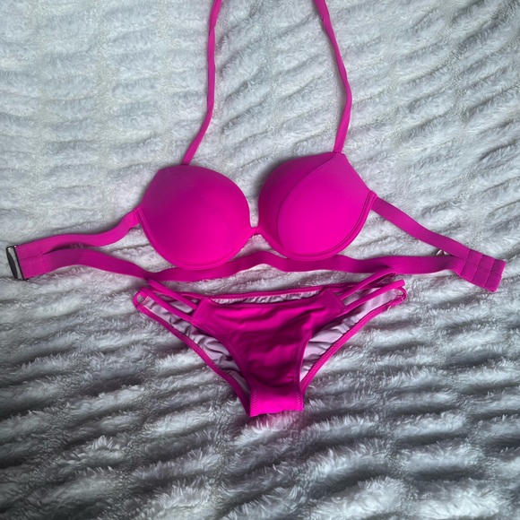 NWOT Rare Victoria’s Secret Bikini The Hottie Halter Hot Pink 34D/Small bottom - Picture 12 of 13
